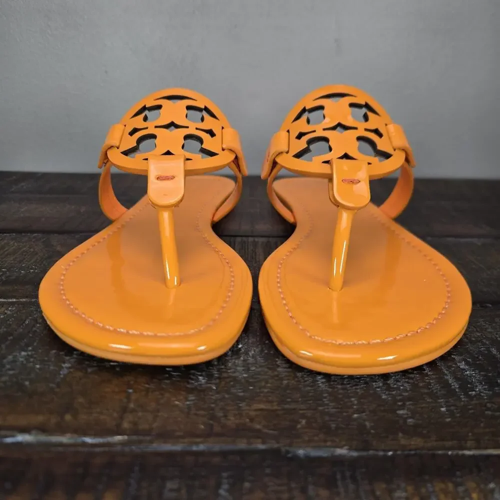 NEW Tory Burch Metal Miller Leather Womens Size 6 Logo Sandal Flip Flops Orange